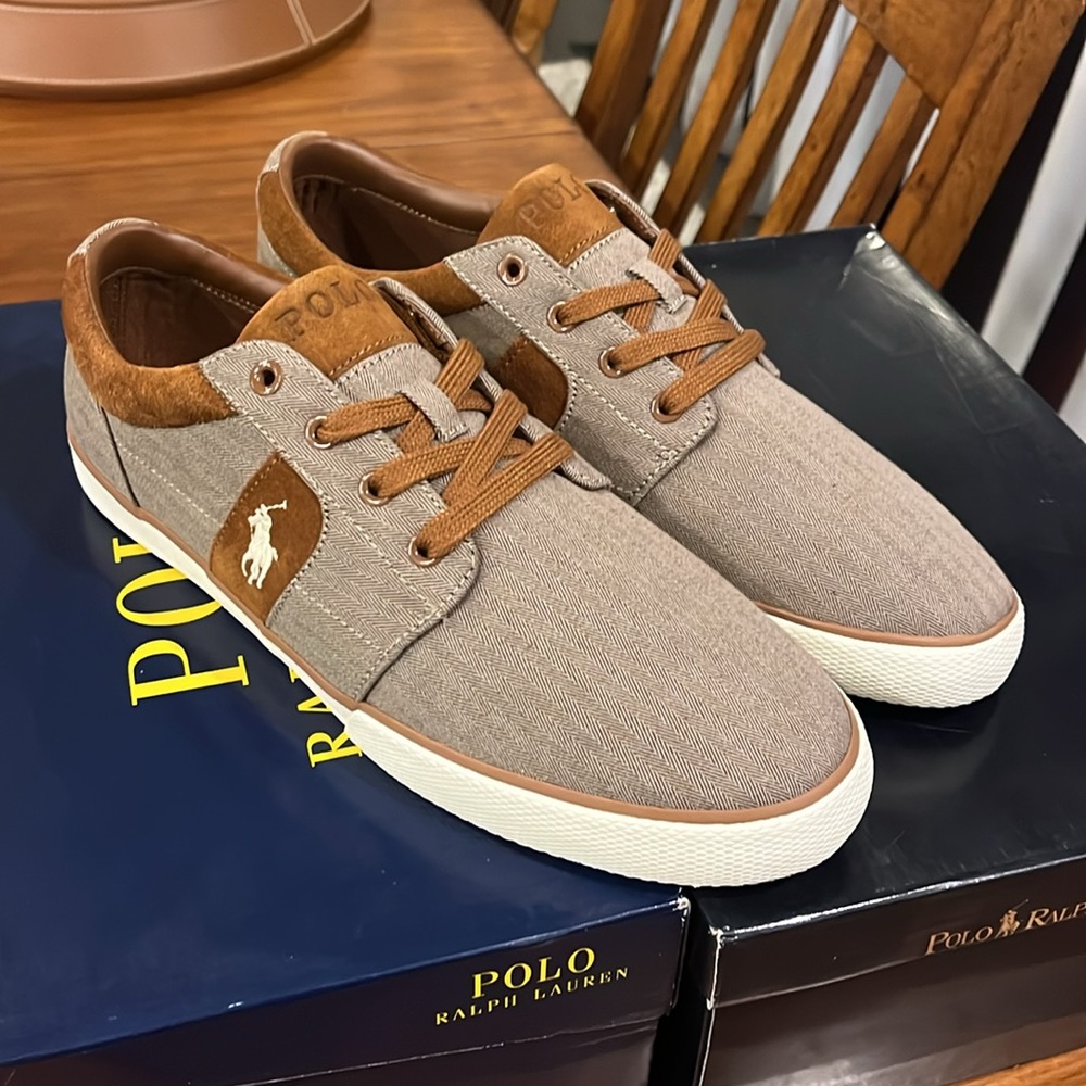 Polo Ralph Lauren Halmore Herringbone Shoes Sneakers khaki brown Men’s Size 11.5 - Picture 2 of 12